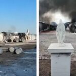 Lo único que quedó en pie de una fábrica que se incendió en El Bracho fue la imagen de la Virgen